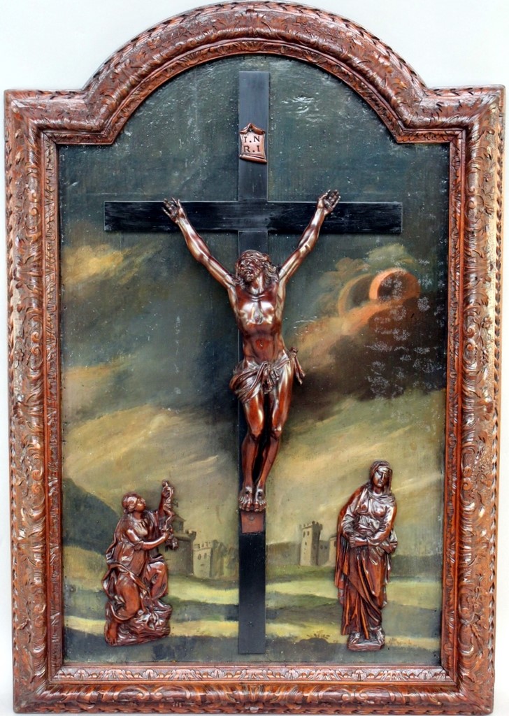 Attribué à César BAGARD (époque XVIIè) : Christ en croix sur fond peint de paysage,