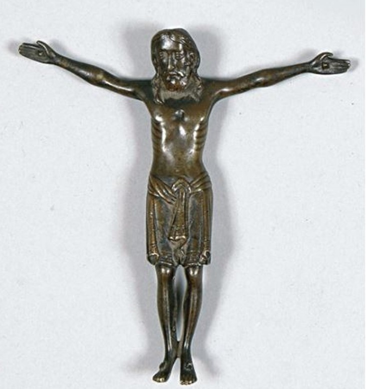 Beau Christ en bronze à patine brune mordorée. XVe siècle. Porte une date
