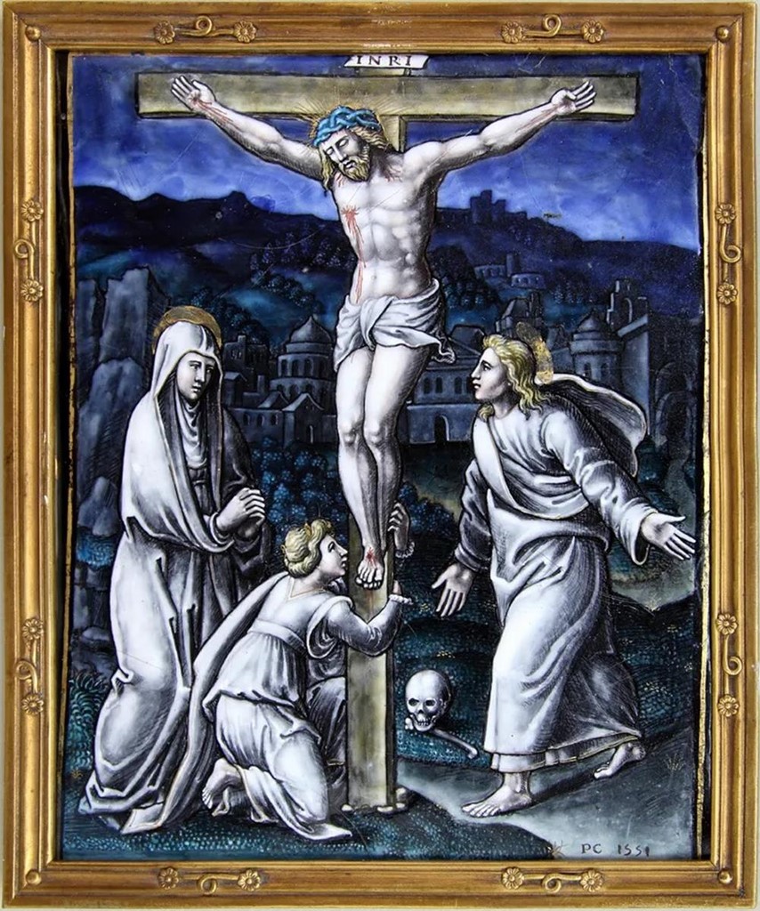 Pierre Courteys (actif entre 1544 et 1568, mort avant 1581) Crucifixion Émaux polychromes, rehauts d’or, contre-émail translucide Limoges 1551 © Musée des Beaux-Arts de Limoges